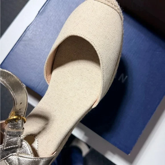 Cole Haan Cream Canvas Espadrille Wedges with Gold Metallic Straps - Picture 2 of 6